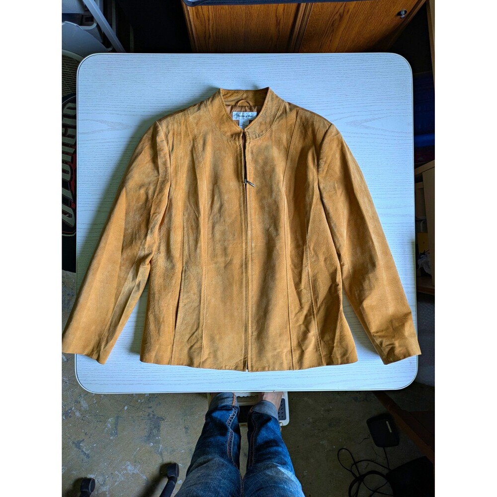 vintage Preston & York Women's Tan Suede Leather Zip Front Lined Jacket Size L